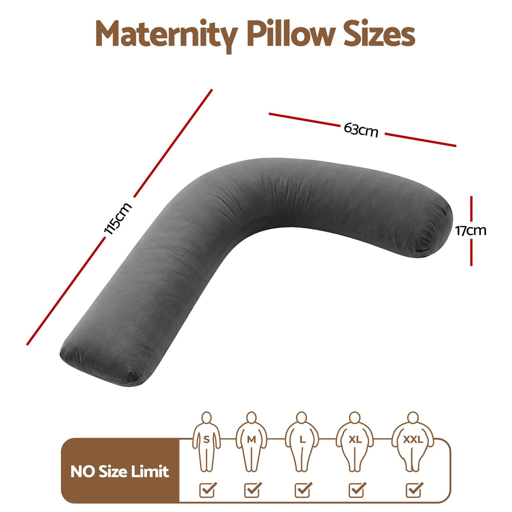 Giselle Bedding Pregnancy Pillow for Side Sleeping L-Shaped Maternity Body Pillow for Women 100% Cotton Jersey Cover for Head Neck Belly Support, 63x115 cm Grey