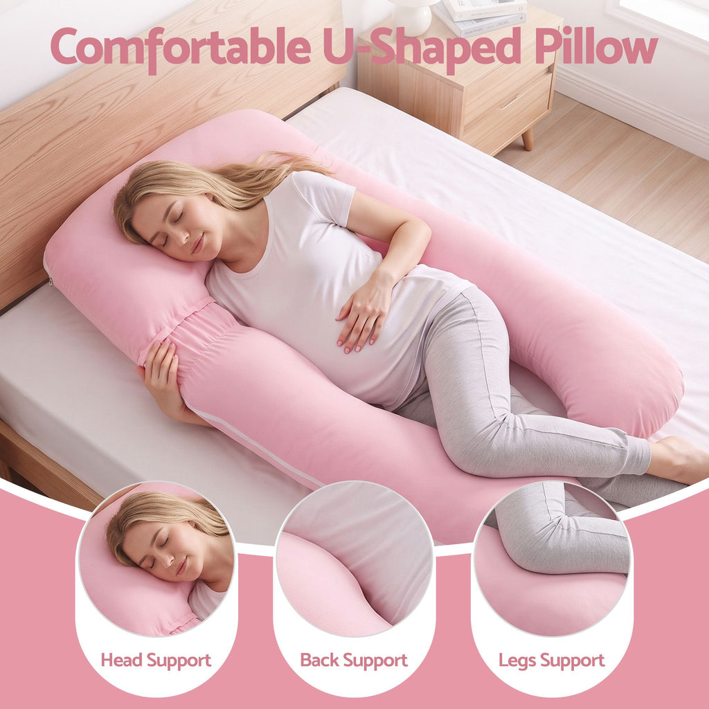 Pregnancy Pillow U Shaped Full Body Pillow with 100% Cotton Jersey Cover Maternity Pillow for Sleeping Reading, Pink