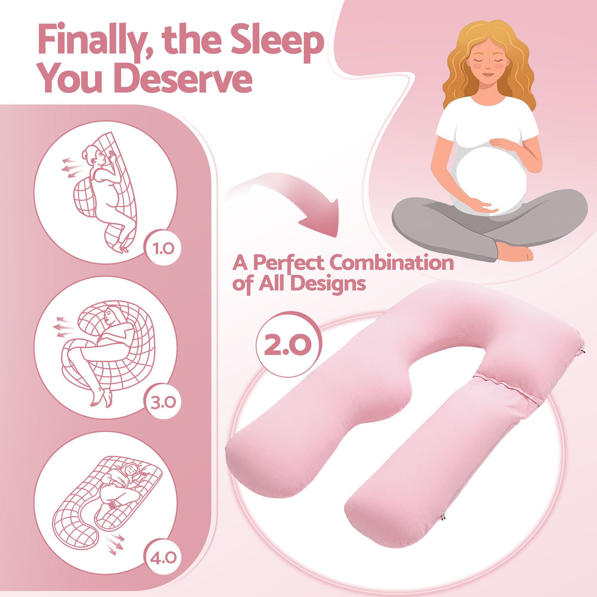 Pregnancy Pillow U Shaped Full Body Pillow with 100% Cotton Jersey Cover Maternity Pillow for Sleeping Reading, Pink