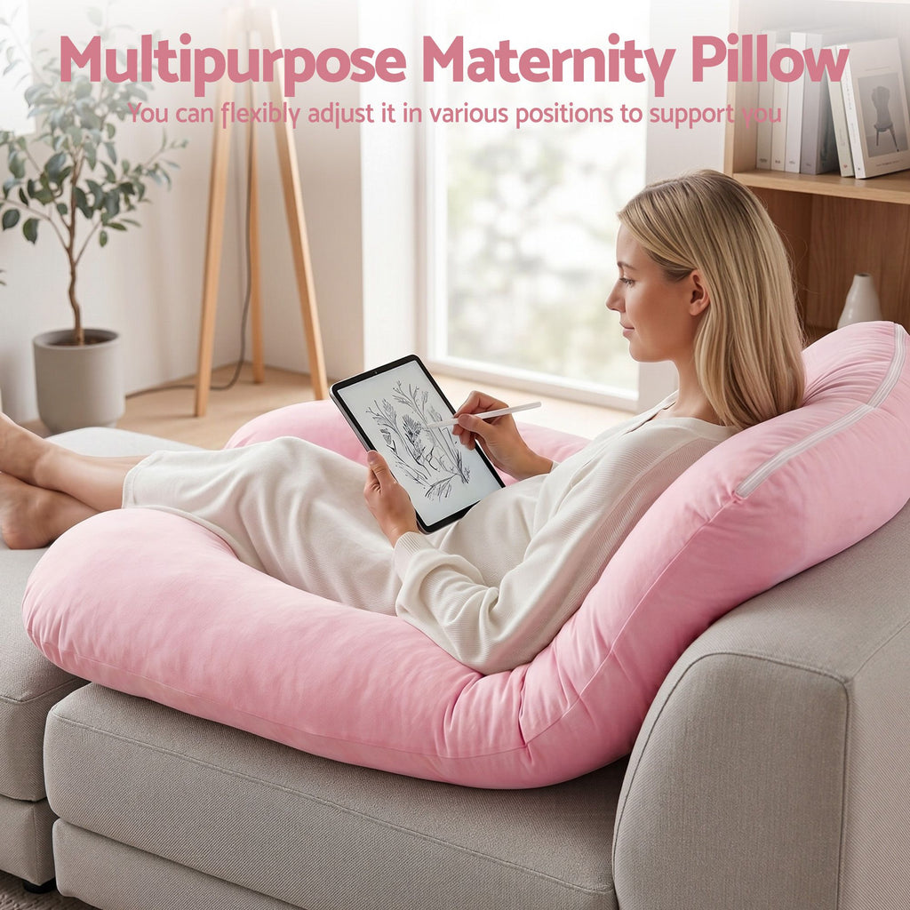 Pregnancy Pillow U Shaped Full Body Pillow with 100% Cotton Jersey Cover Maternity Pillow for Sleeping Reading, Pink