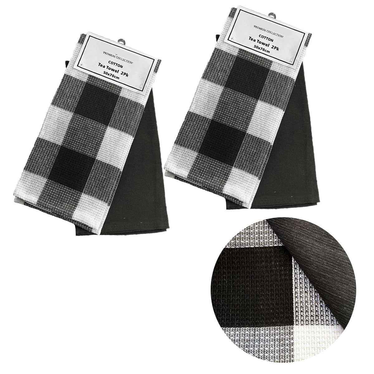 Waffle Checkered & Plain Dyed Tea Towels Black Set of 4 - Royalratri