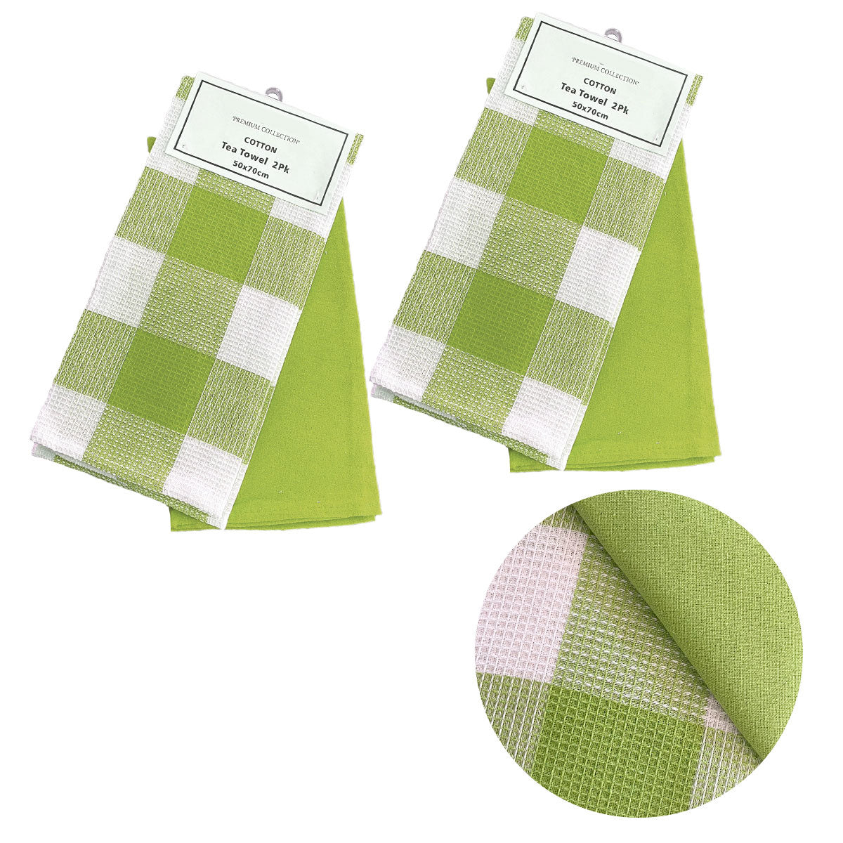 Waffle Checkered & Plain Dyed Tea Towels Green Set of 4 - Royalratri
