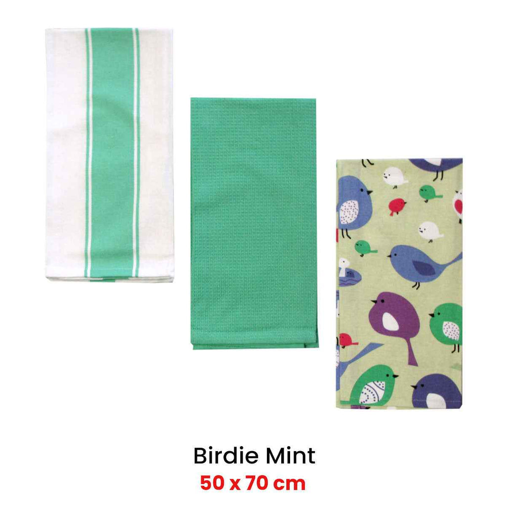 Home Oasis Printed Rich Tea Towels Birdie Mint Set of 3 - Royalratri