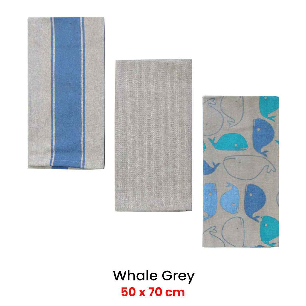 Home Oasis Printed Rich Tea Towels Whale Grey Set of 3 - Royalratri