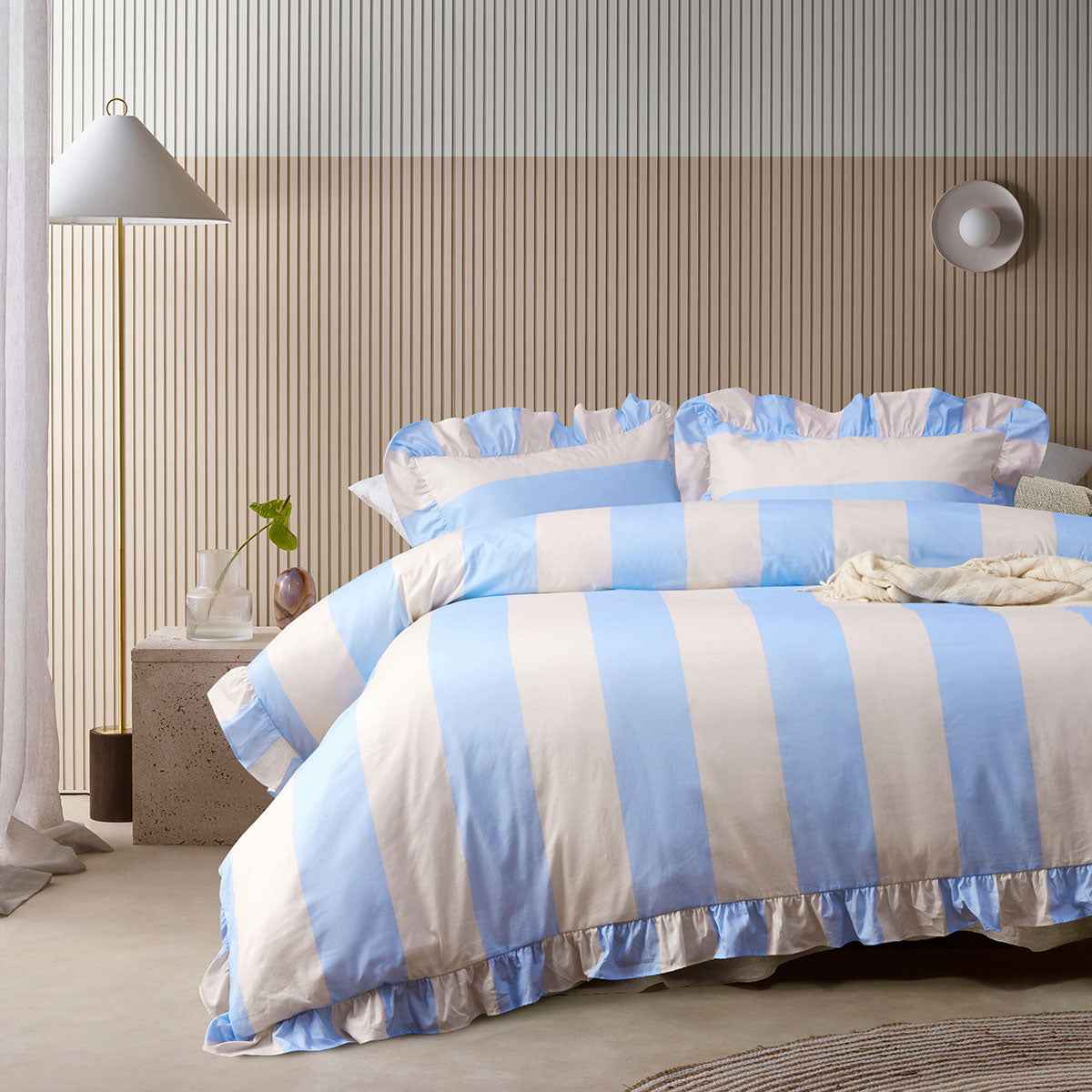Ruffle Blue Striped Washed Cotton Quilt Cover Set Queen