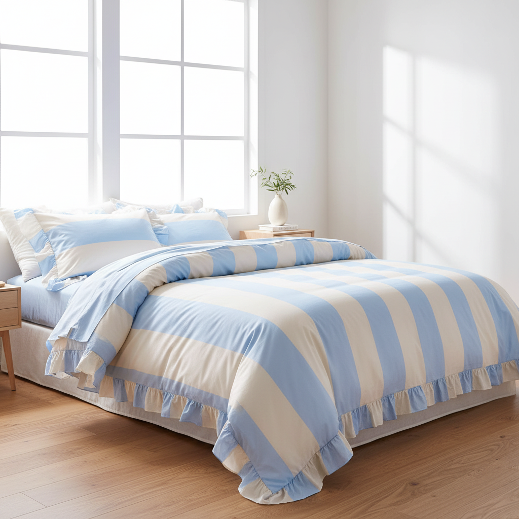 Ruffle Blue Striped Washed Cotton Quilt Cover Set Queen