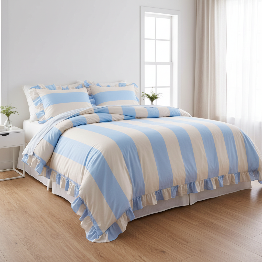 Ruffle Blue Striped Washed Cotton Quilt Cover Set Super King