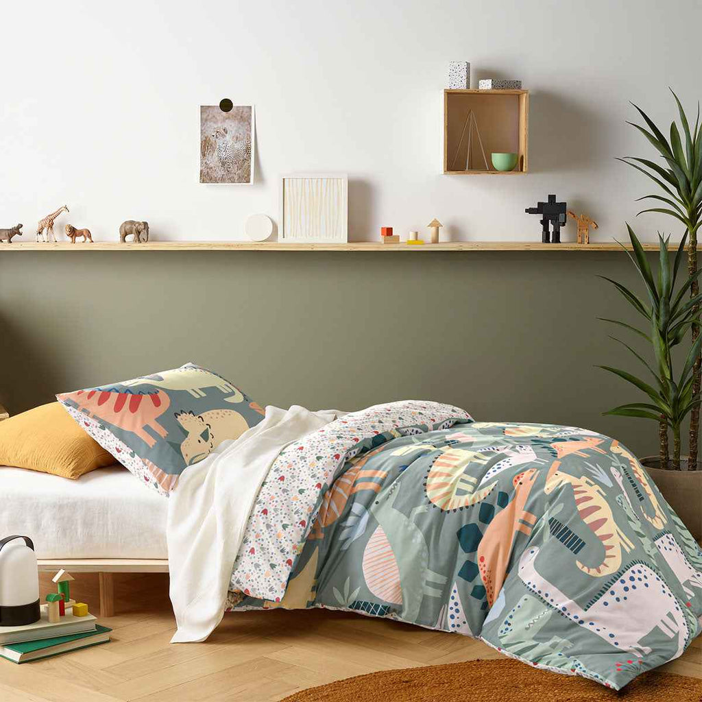 Kids Dino Mania Green Cotton Quilt Cover Set Single