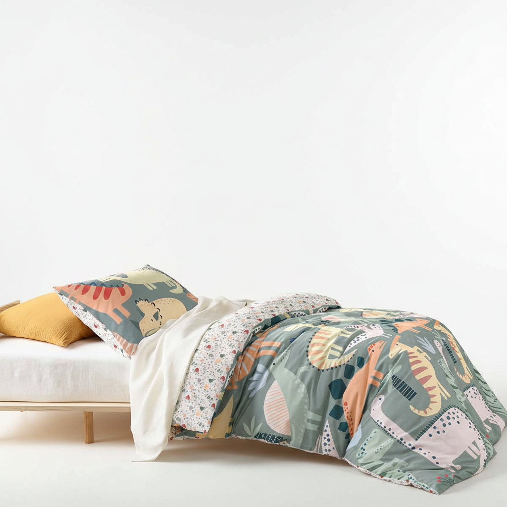 Kids Dino Mania Green Cotton Quilt Cover Set Single