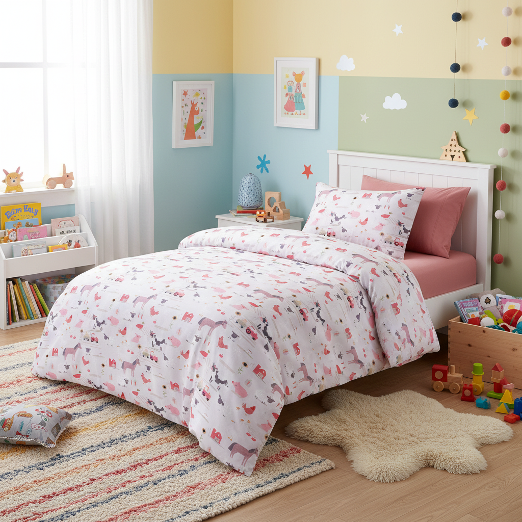 Kids Farmyard Friends Washed Quilt Cover Set Double