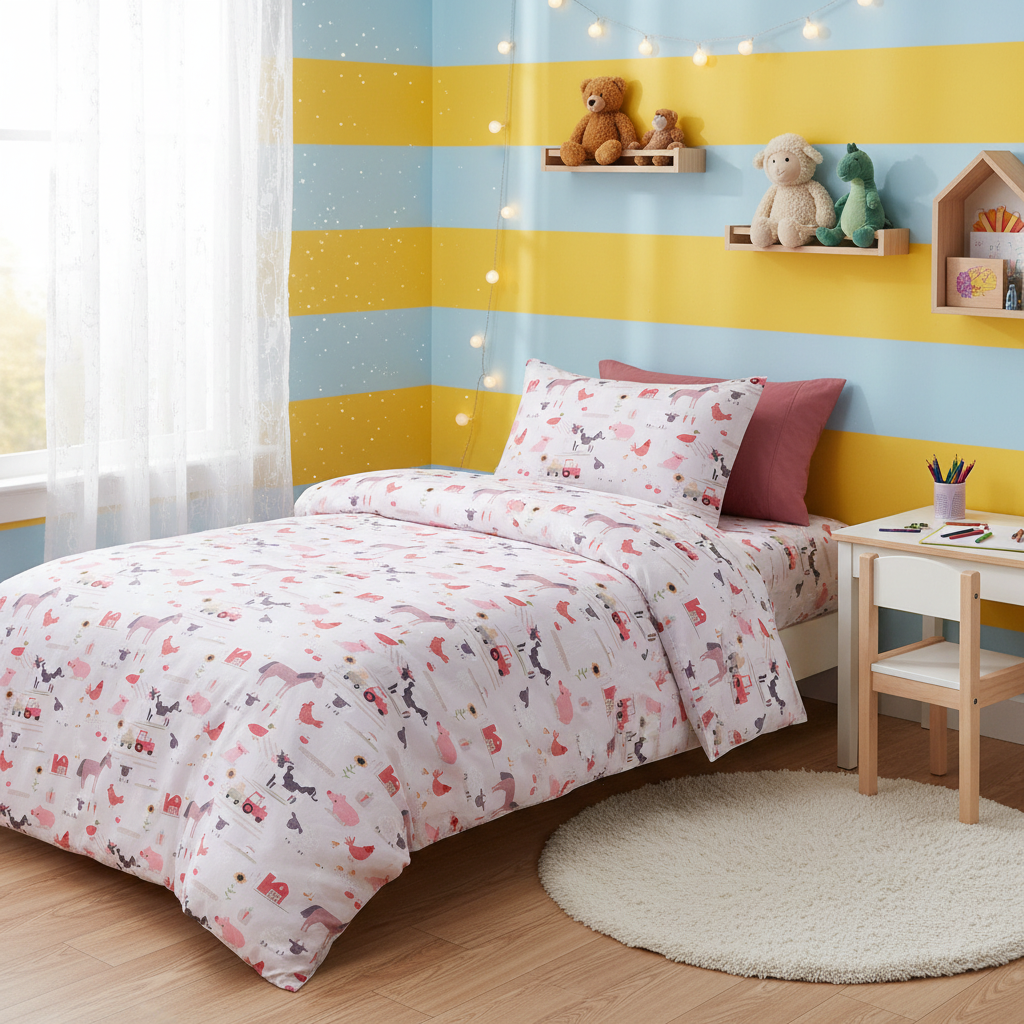 Kids Farmyard Friends Washed Quilt Cover Set Single