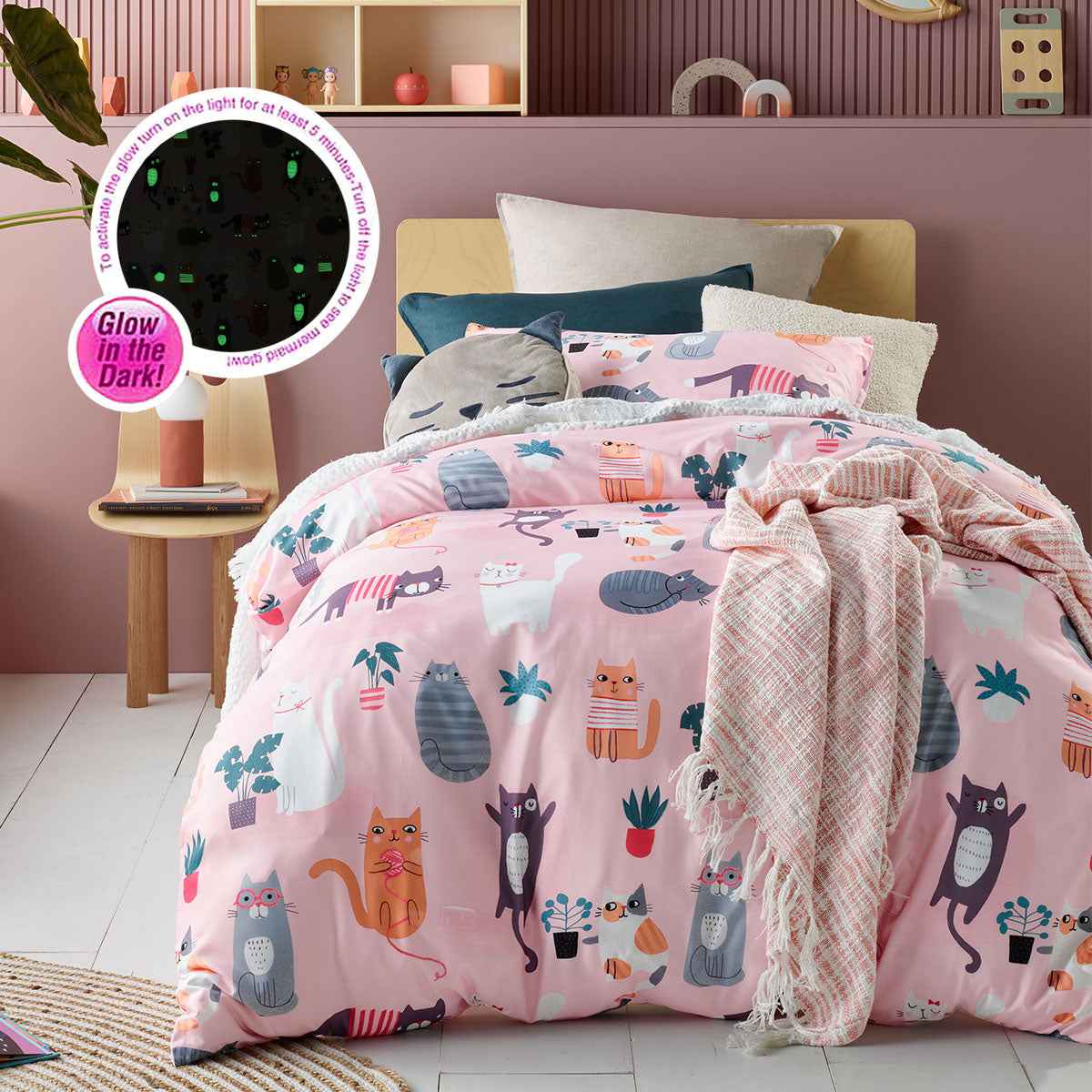 Kids Miaow Glow Dark Quilt Cover Set Single