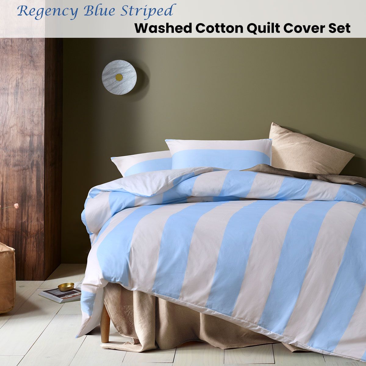 Accessorize Regency Blue Striped Washed Cotton Quilt Cover Set Super King