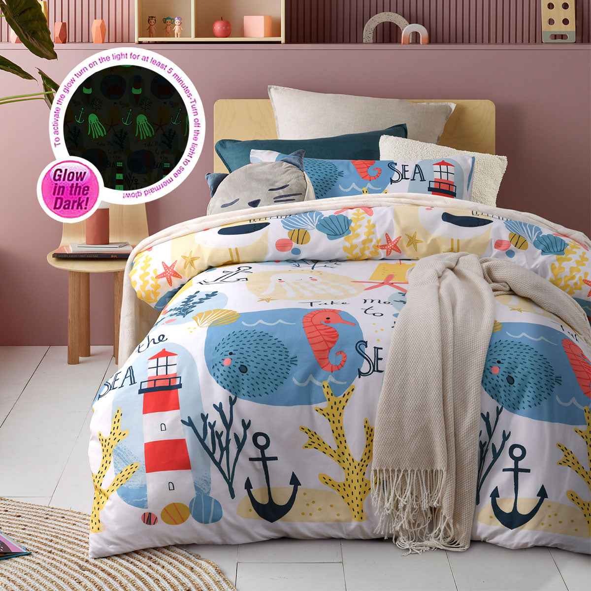 Kids Seaside Glow Dark Quilt Cover Set Single