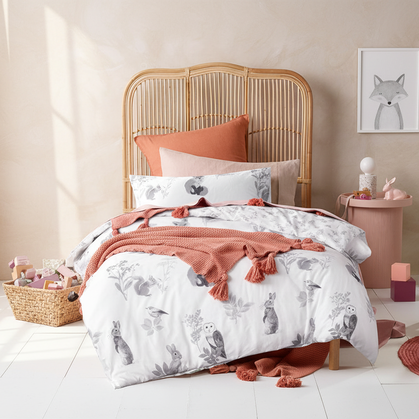 Kids Woodland White Cotton Quilt Cover Set Double