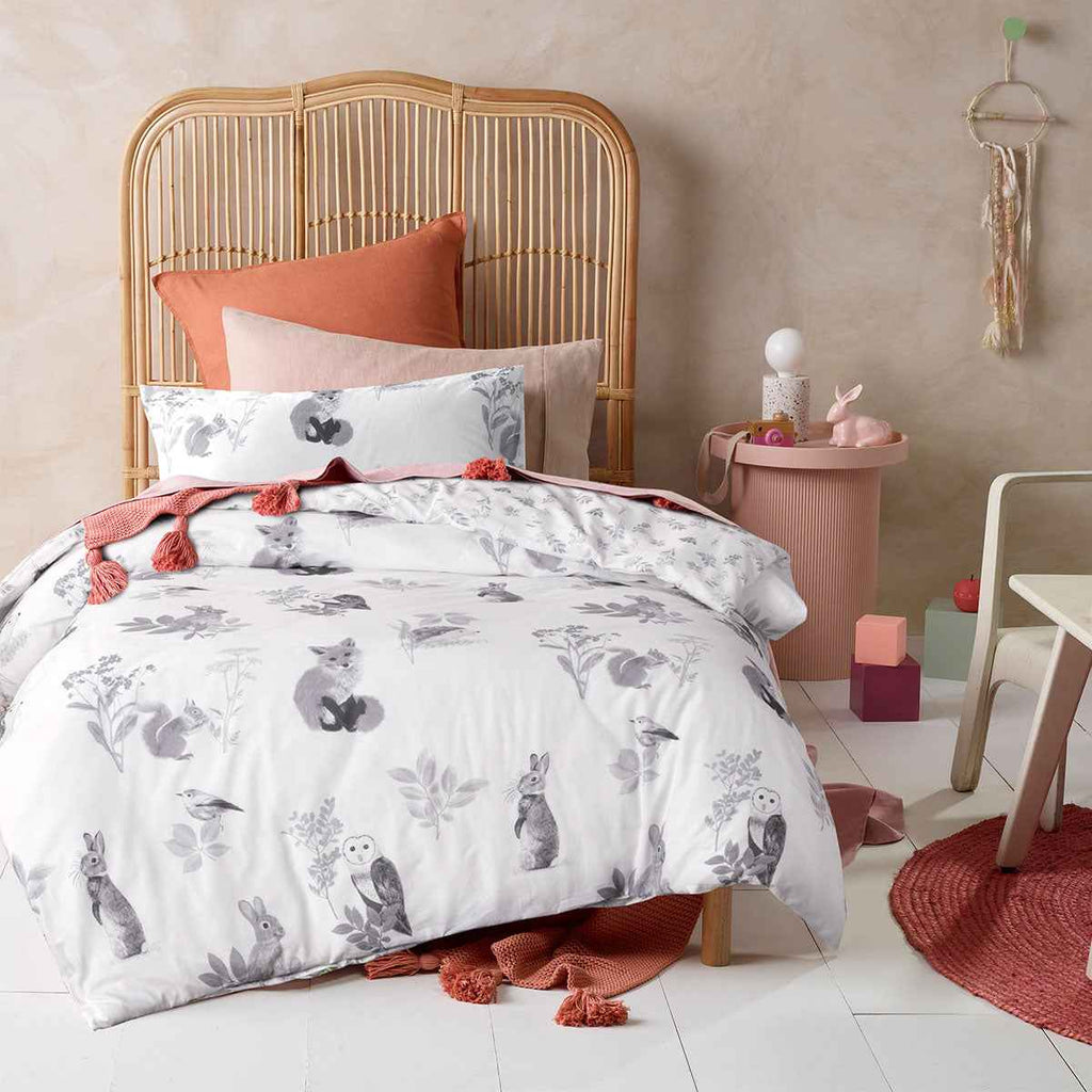 Kids Woodland White Cotton Quilt Cover Set Single