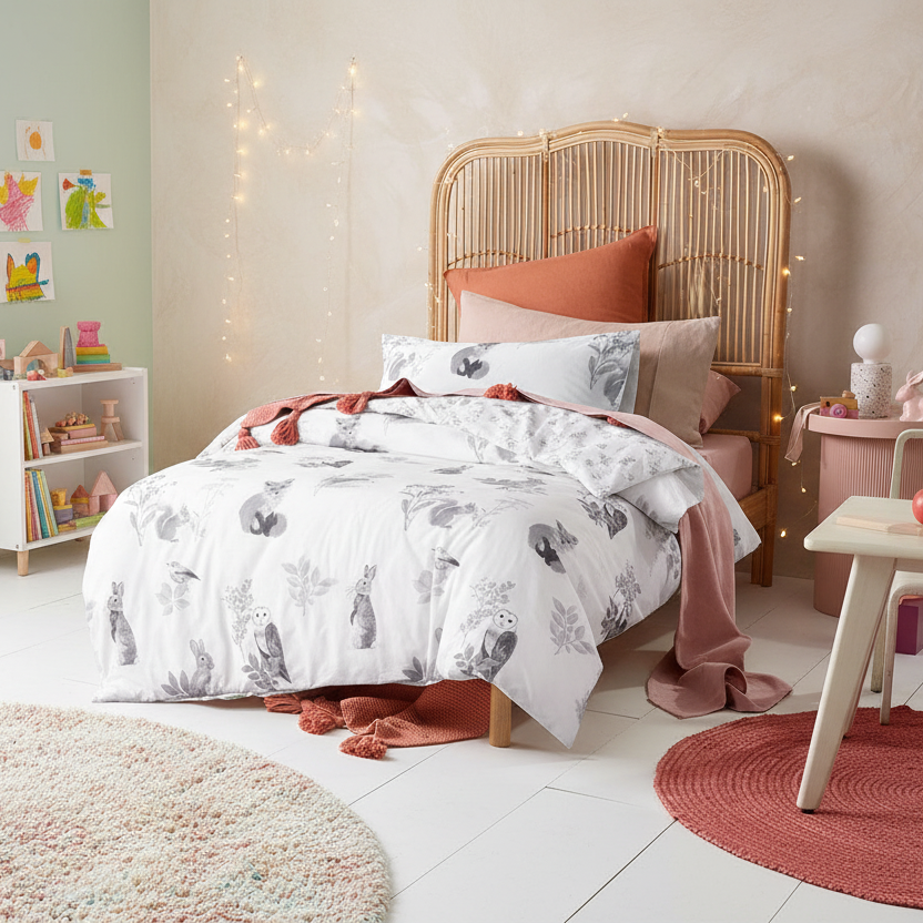 Kids Woodland White Cotton Quilt Cover Set Single