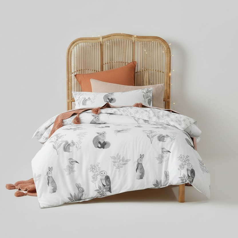 Kids Woodland White Cotton Quilt Cover Set Double