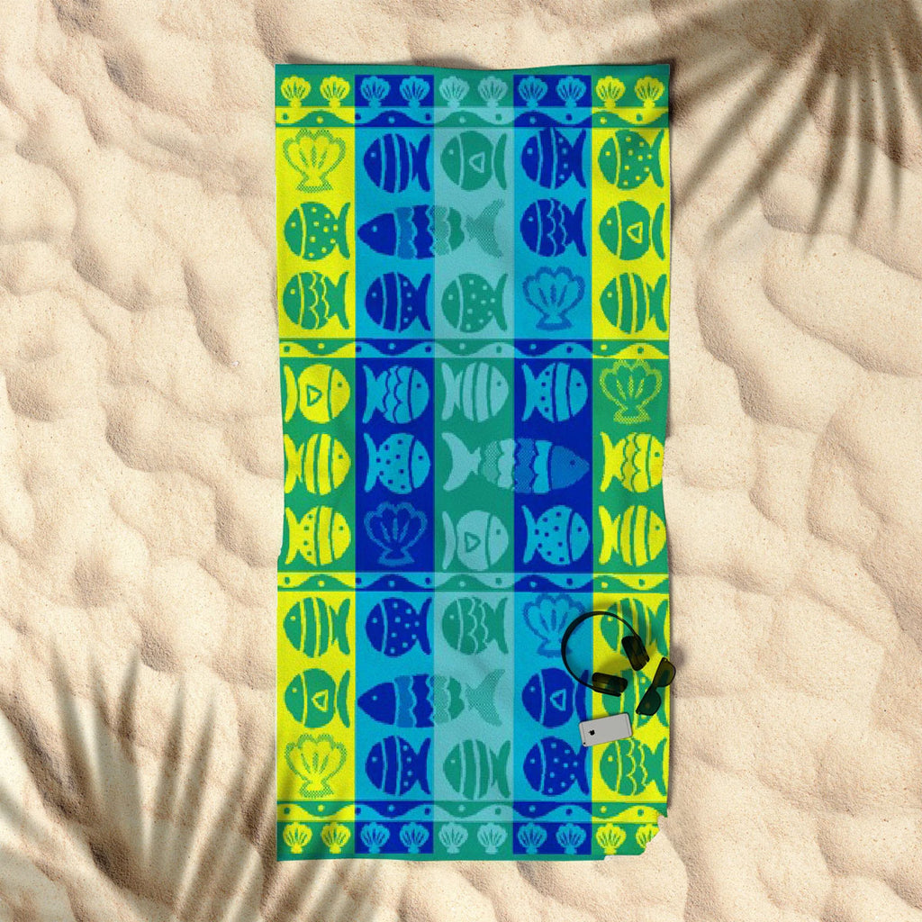 Premium Cotton Jacquard Beach Towel Fish & Shell Blue