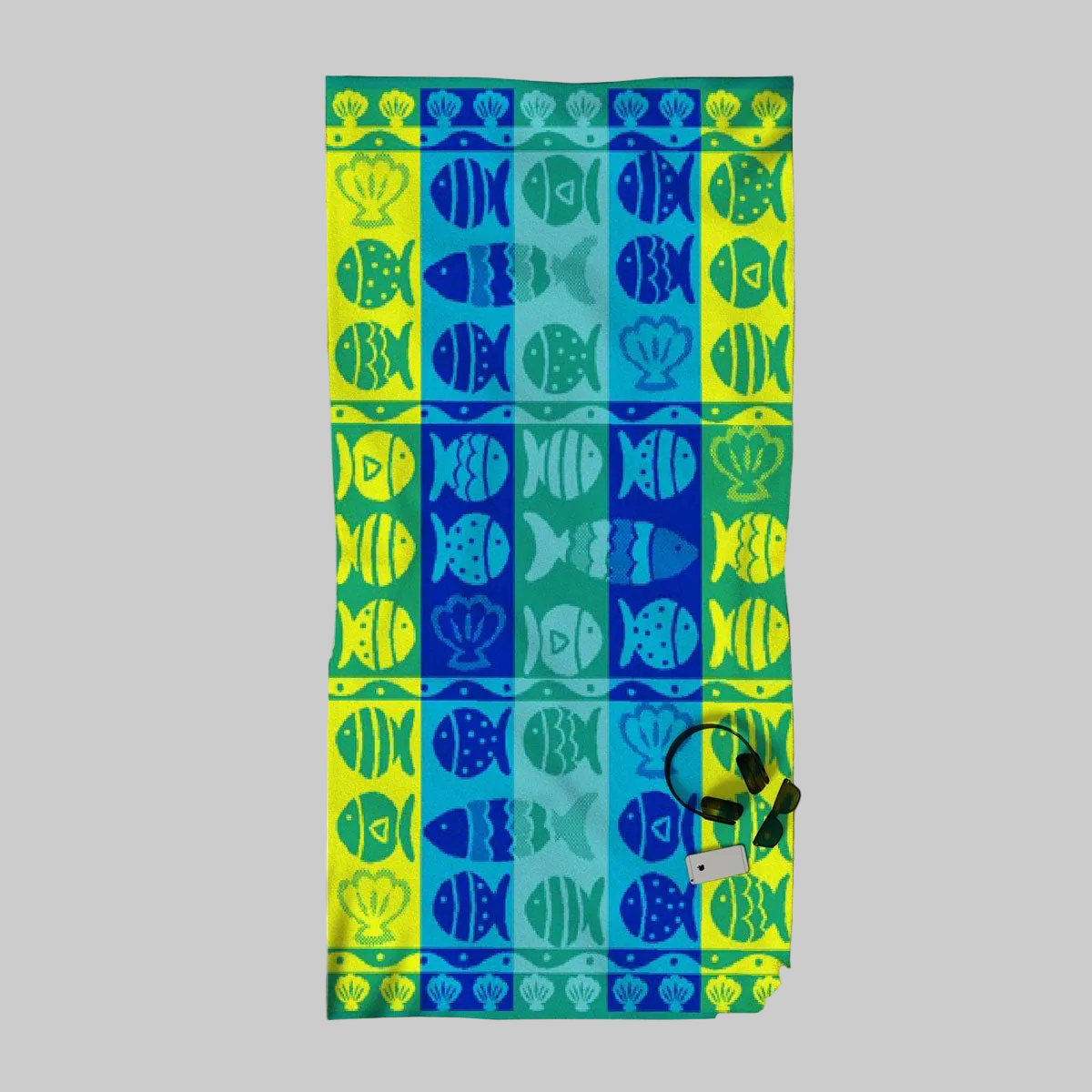 Premium Cotton Jacquard Beach Towel Fish & Shell Blue
