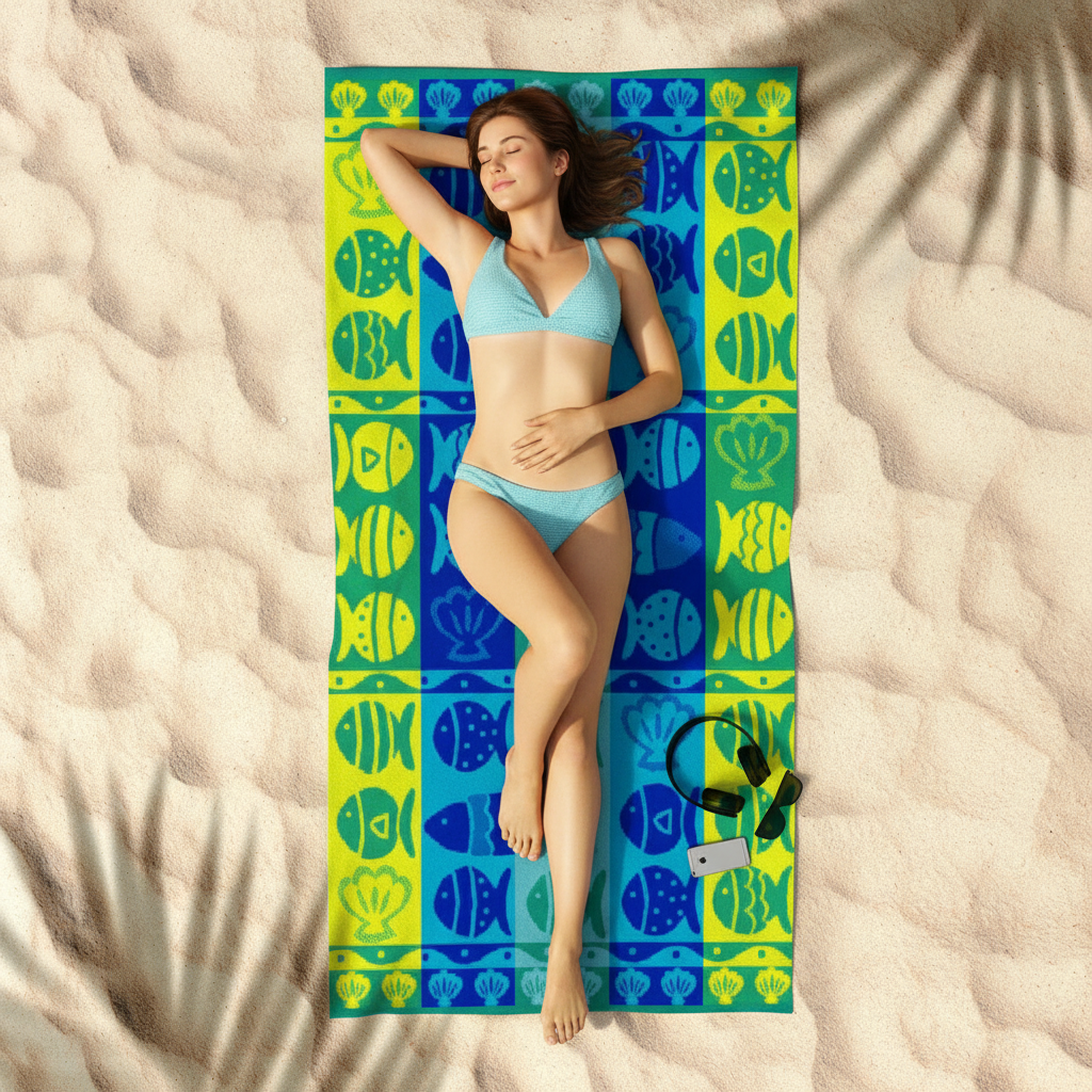 Premium Cotton Jacquard Beach Towel Fish & Shell Blue