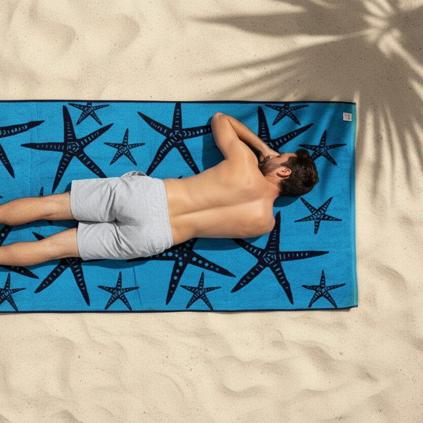 Premium Cotton Jacquard Beach Towel Starfish Blue