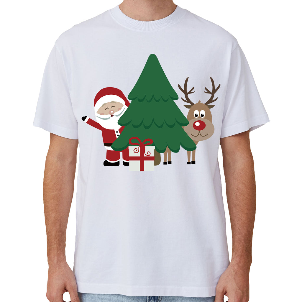 100% Cotton Christmas T-shirt Adult Unisex Tee Tops Funny Santa Party Custume, Santa with Tree (White), L