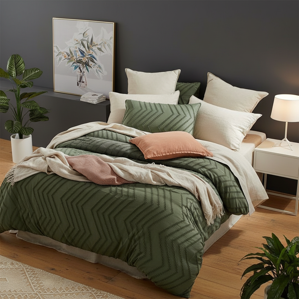 Wave Jacquard Quilt Cover Set Dark Green Queen