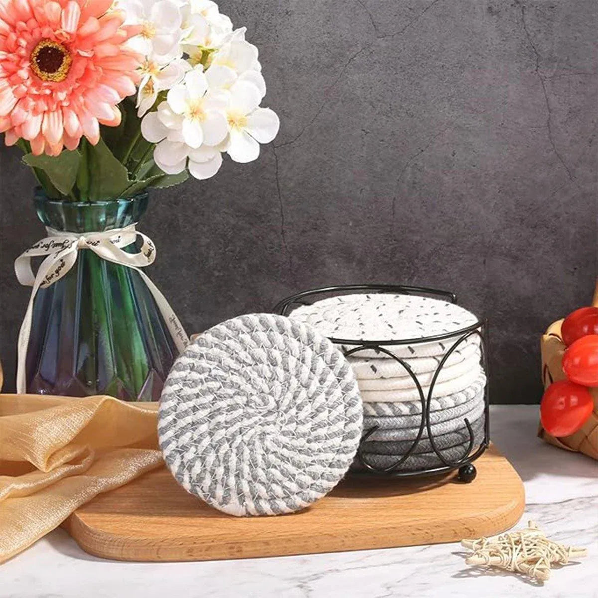 Round Cotton Woven Coaster Grey 8pc - Royalratri