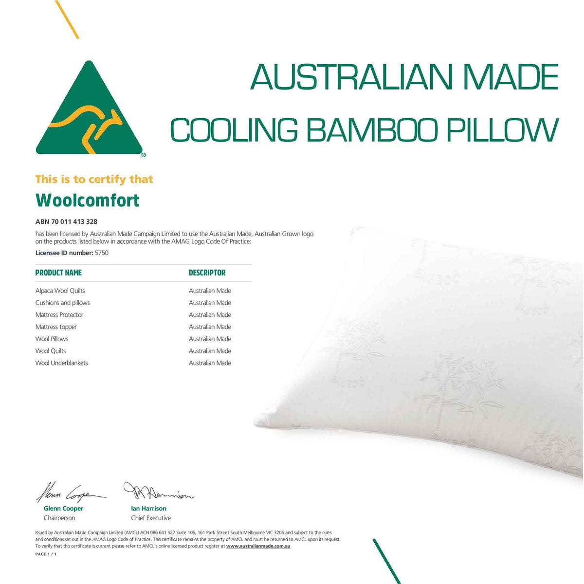 Luxor Australian Made Bamboo Cooling Pillow Standard Size Single Pack - Royalratri