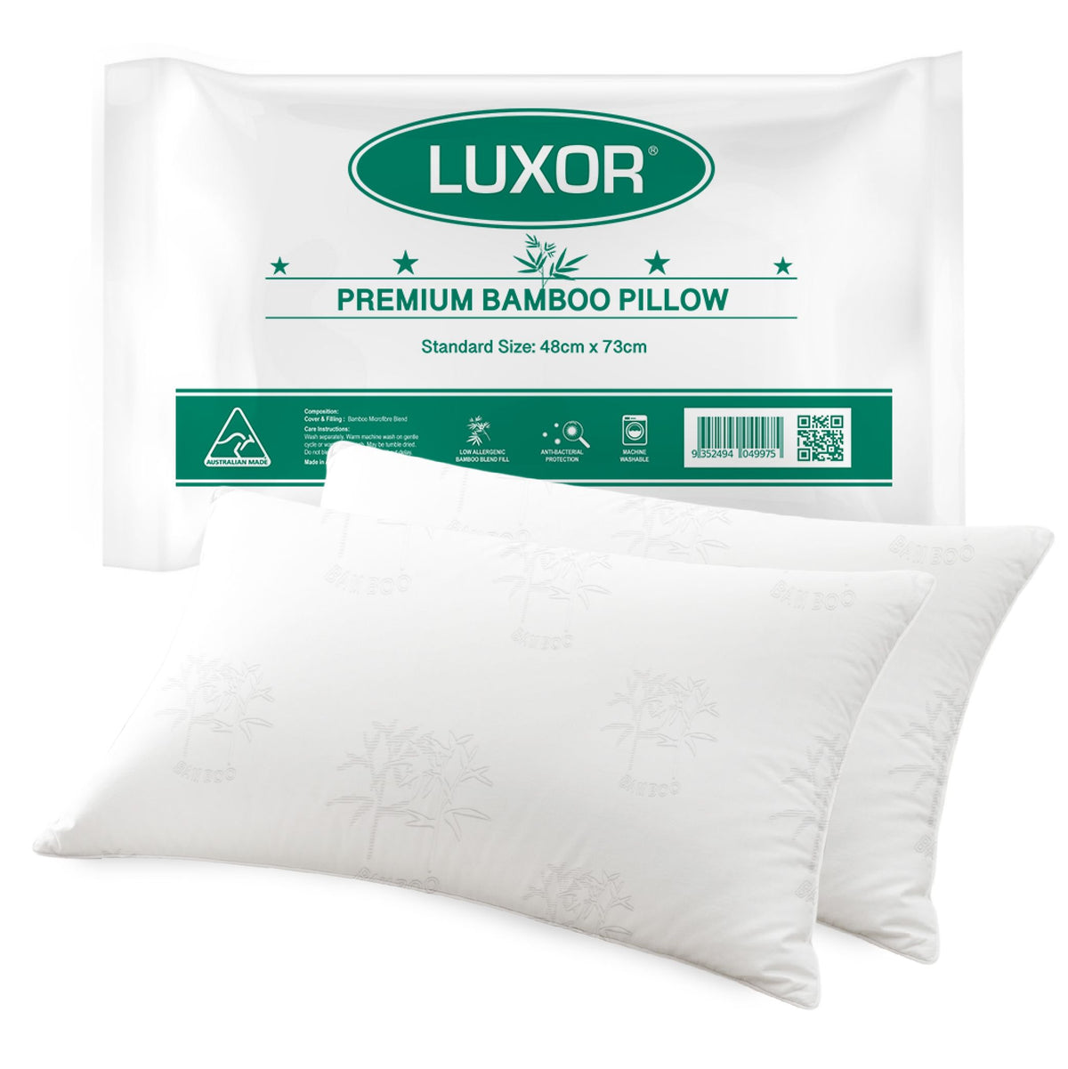 Luxor Australian Made Bamboo Cooling Pillow Standard Size Twin Pack - Royalratri