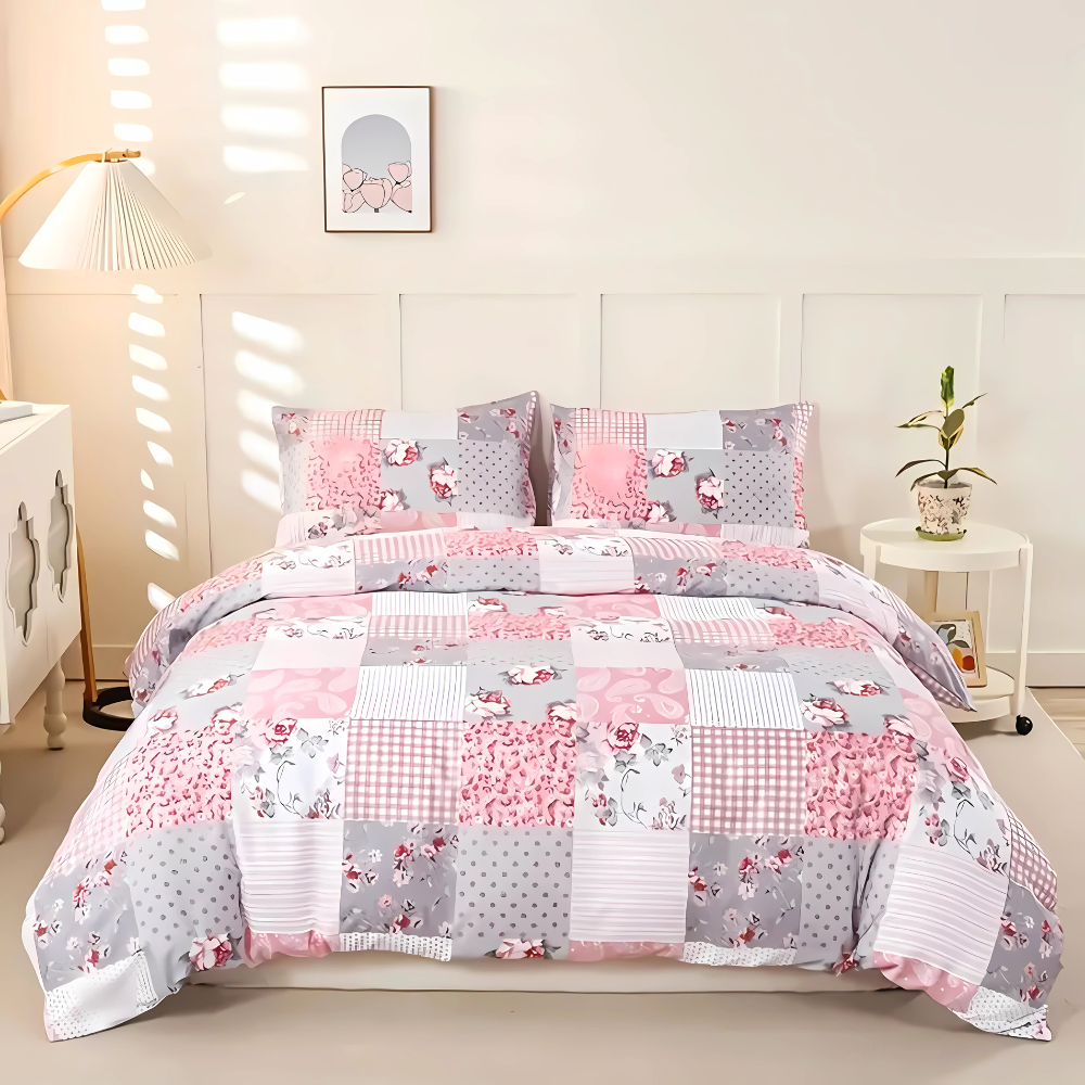 Pink Plaid Quilt Cover Set Single