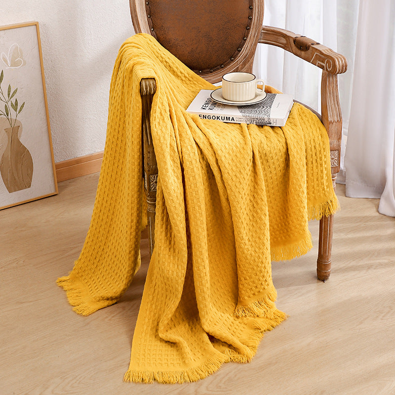 WAFFLE WEAVE POLYESTER DECORATIVE THROW BLANKET BRIGHT YELLOW