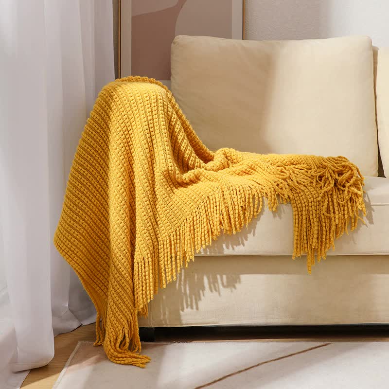 WOVEN KNITTED THROW BLANKET YELLOW