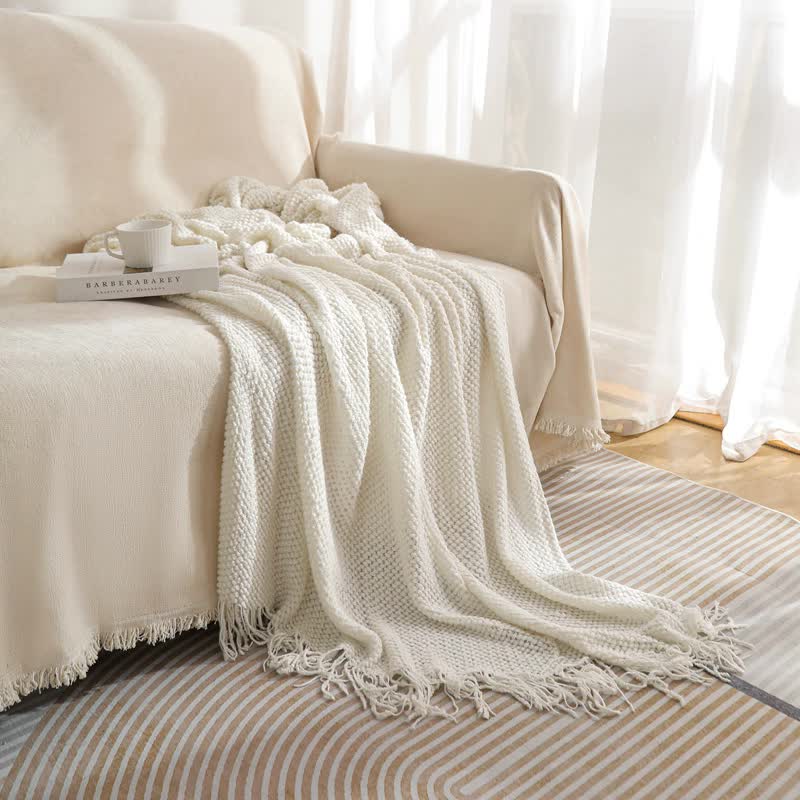 WOVEN KNITTED THROW BLANKET BEIGE