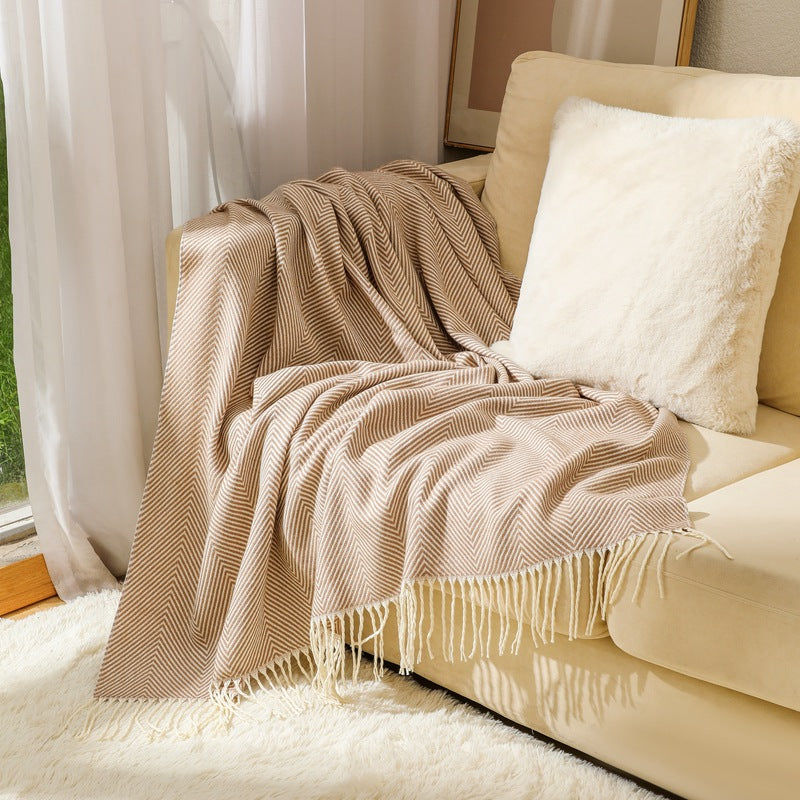 HERRINGBONE TASSEL THROW BLANKET KHAKI