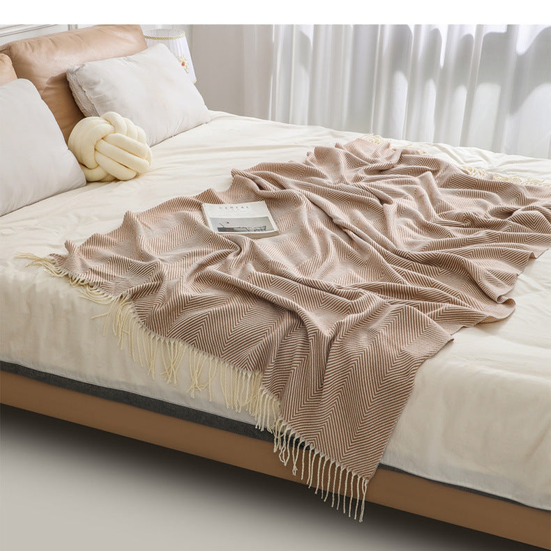 HERRINGBONE TASSEL THROW BLANKET KHAKI