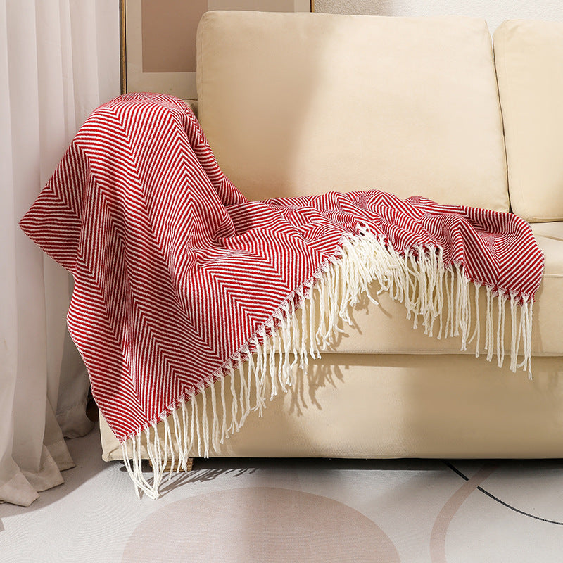 HERRINGBONE TASSEL THROW BLANKET RED