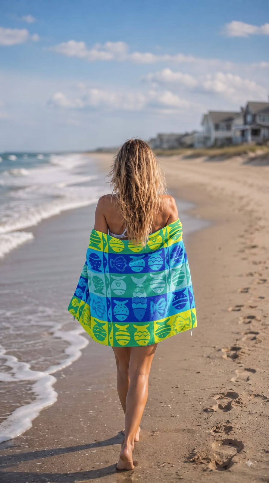 Premium Cotton Jacquard Beach Towel Fish & Shell Blue - Royalratri