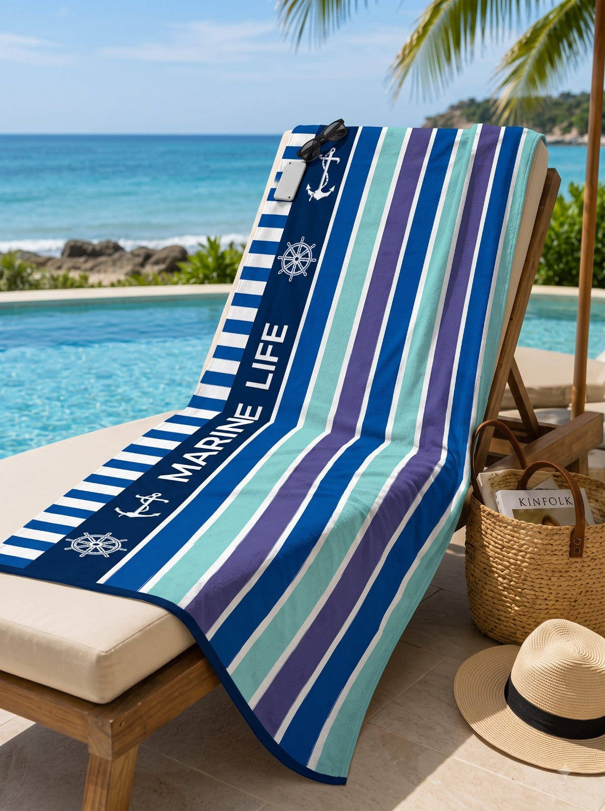 Premium Cotton Jacquard Beach Towel Marine Life Blue - Royalratri