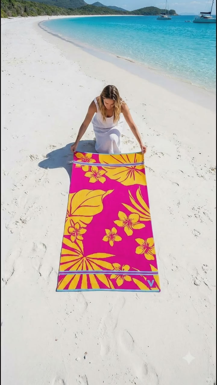 Premium Cotton Jacquard Beach Towel Floral Hawaii Pink